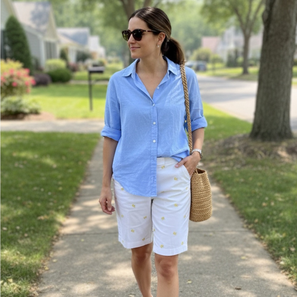 Talbots White Bermuda Shorts with Yellow Embroidery